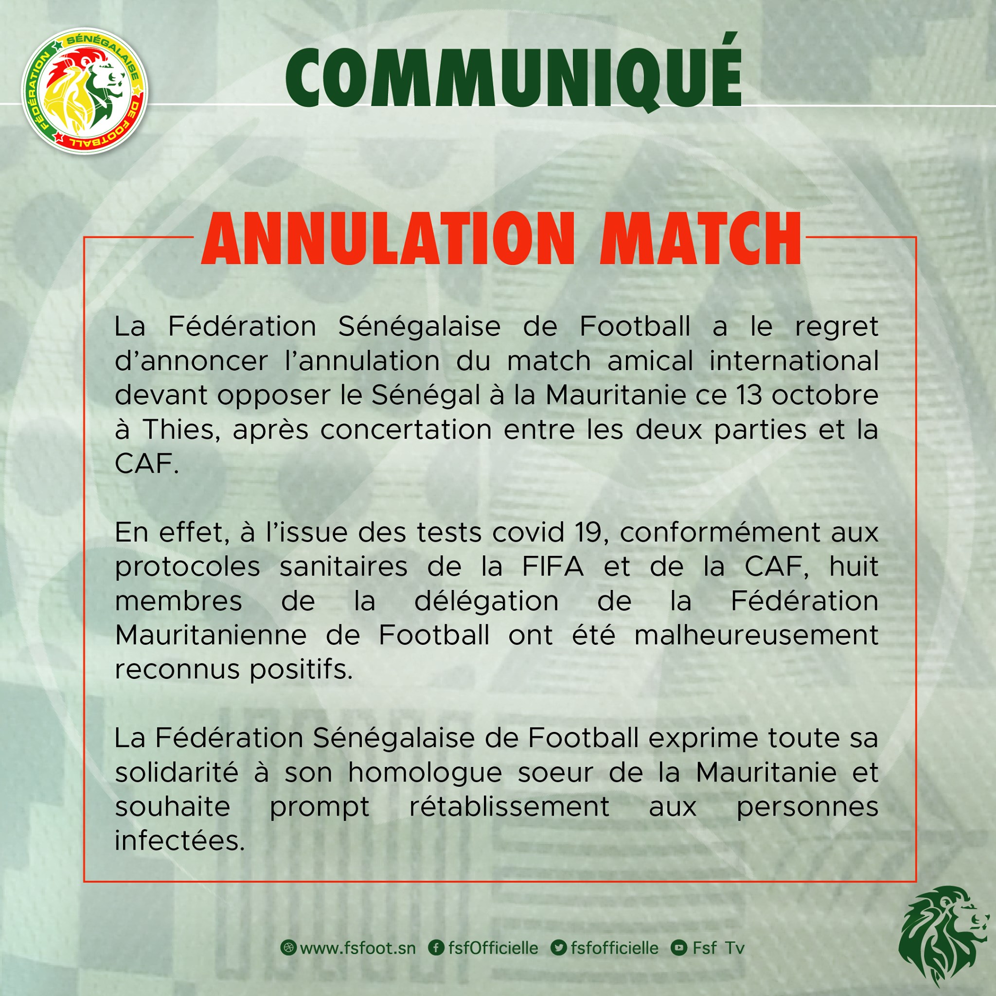 Forfait Sénégal-Mauritanie: 8 membres de la FFRIM contaminés au Covid!