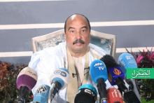 الرئيس السابق محمد ولد عبد العزيز خلال مؤتمره الصحفي - (المصدر:الصحراء)